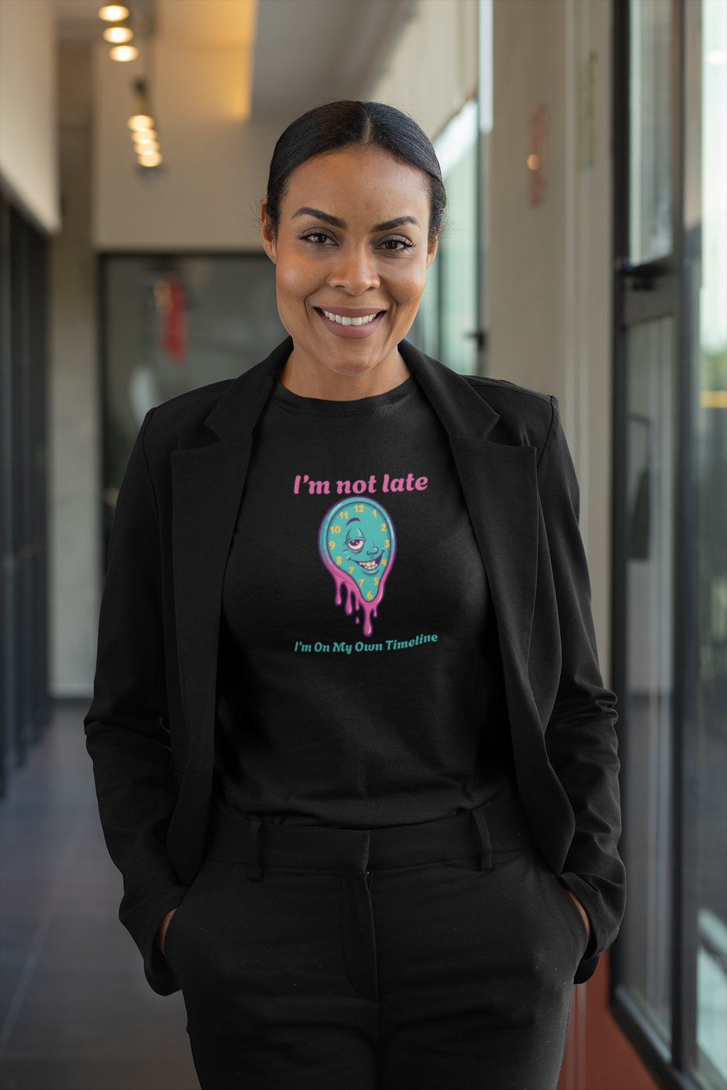 I'm Not Late Tee — Funny Melting Clock Graphic T-Shirt (“I’m On My Own Timeline”)