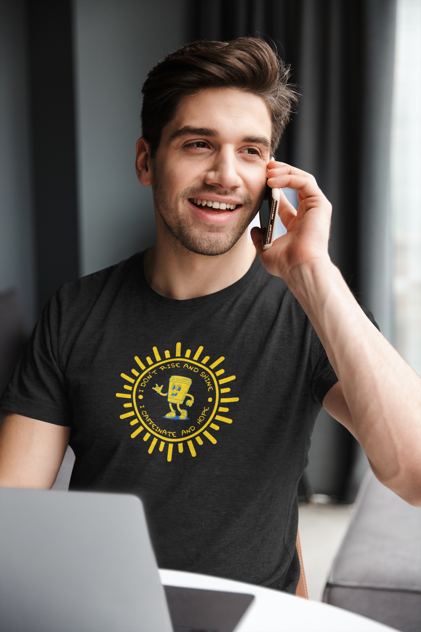 “I Don’t Rise and Shine, I Caffeinate and Hope,”-Graphic Tshirt